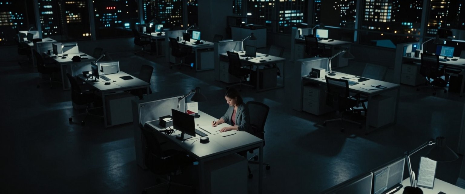 After Hours: a woman working alone at a desk in a huge open-plan office at night, a single desk lamp in a sea of darkness, city lights outside