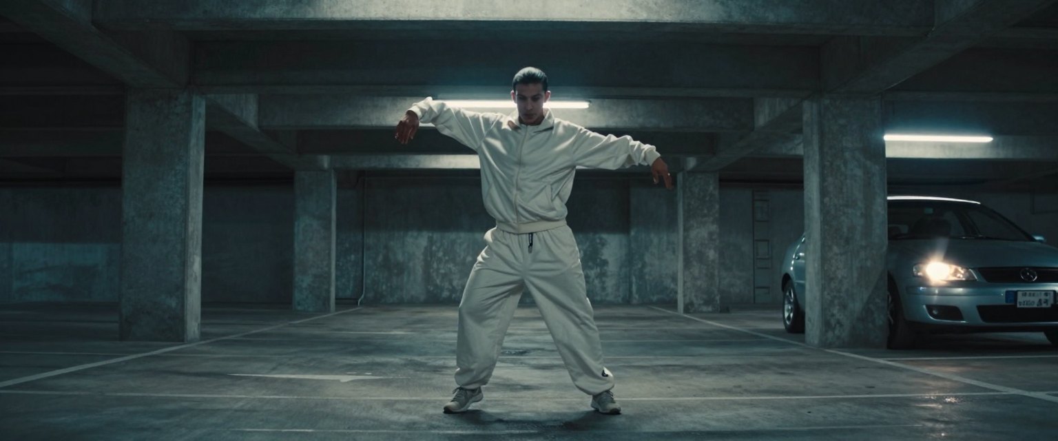 Headlights: a dancer in a white tracksuit alone in an empty concrete parking garage, lit only by the headlights of one parked car