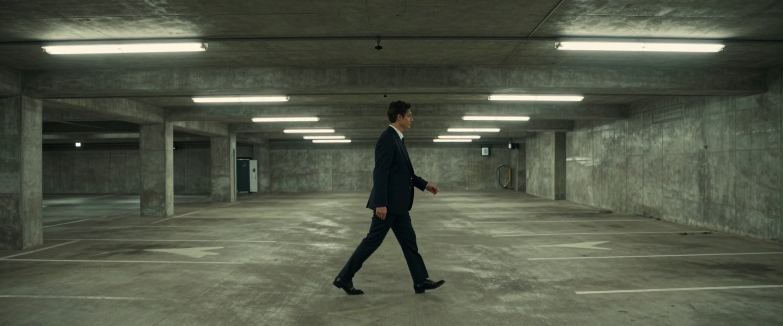 Level B3: a man in a suit walking fast through an empty concrete parking garage, fluorescent lights buzzing, long shadows