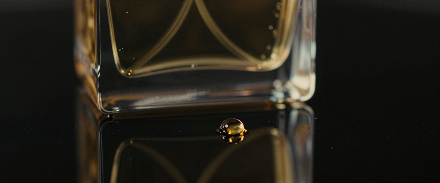 Liquid Gold: a crystal perfume bottle on black glass, a single drop of golden liquid falling beside it, glowing rim light