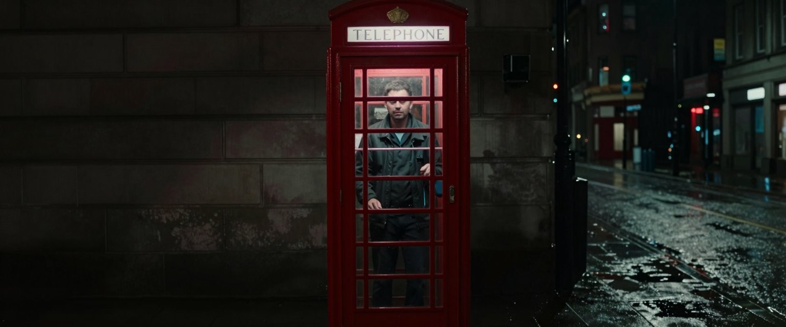 Call: a man in a red phone booth on a dark wet street, the booth light the only source