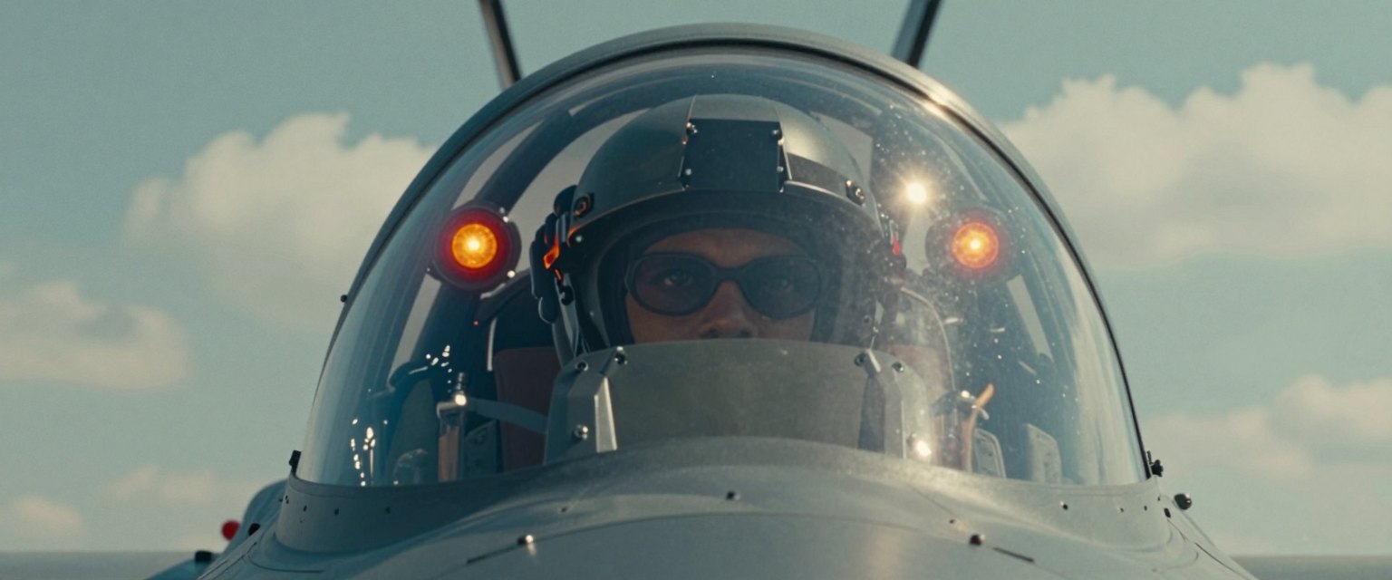 Mayday: a fighter pilot in a cockpit, visor reflecting the sun and clouds, warning lights blinking
