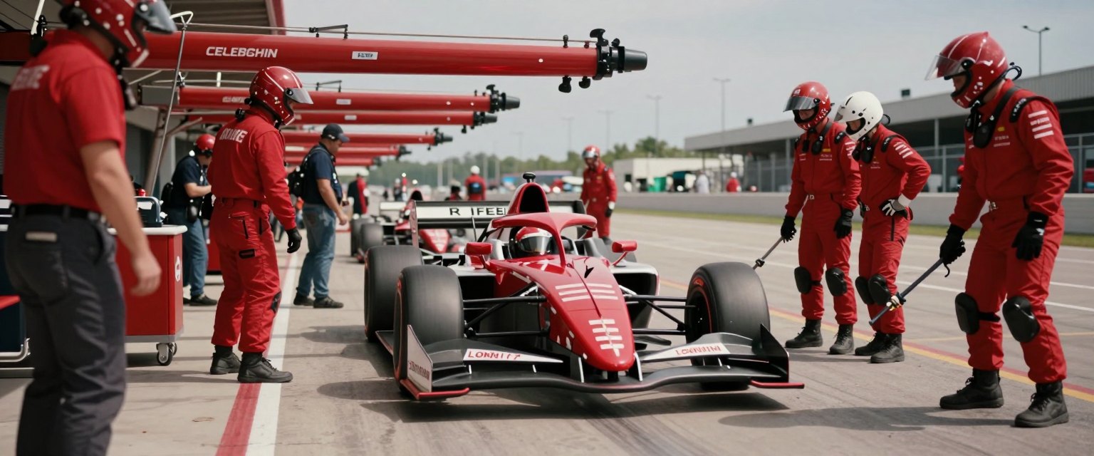 Pit Stop: a race car in a pit lane surrounded by mechanics in helmets, wheel guns sparking, driver visor down