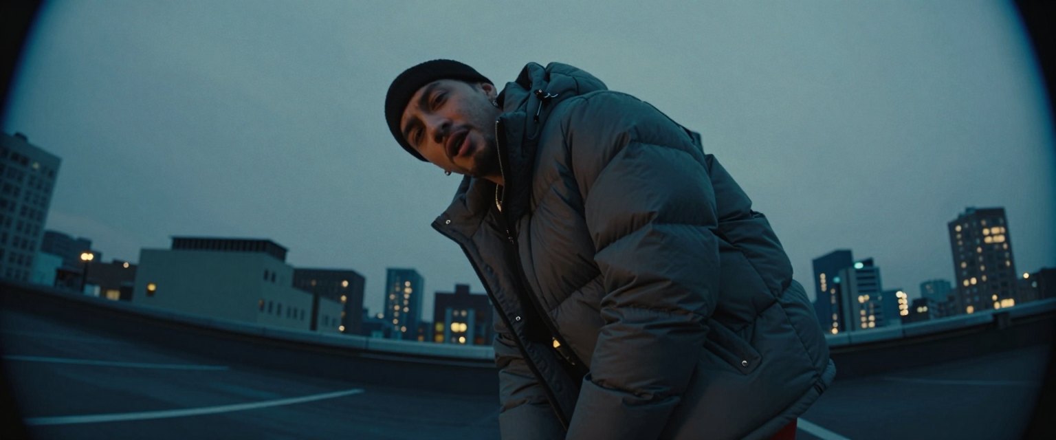 Fisheye: a rapper in an oversized puffer jacket leaning into a fisheye lens on a rooftop at dusk, the city skyline curving around him