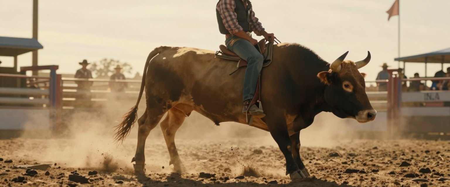 Eight Seconds: a rodeo rider clinging to a bucking bull in a dusty arena, golden evening light cutting through the dust