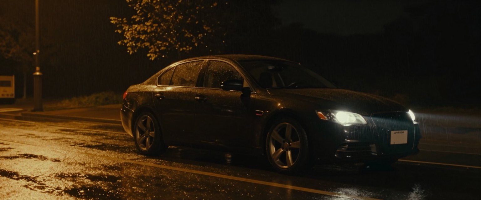 Night Run: a dark sports sedan parked on an empty wet street at night, long amber reflections of street lamps sliding along the bodywork, light rain, no badges