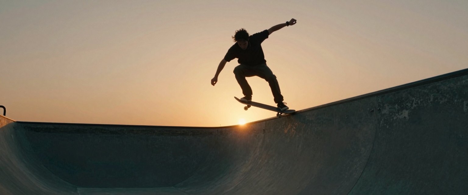 Drop In: a skateboarder dropping into an empty concrete pool at sunset, silhouetted against an orange sky