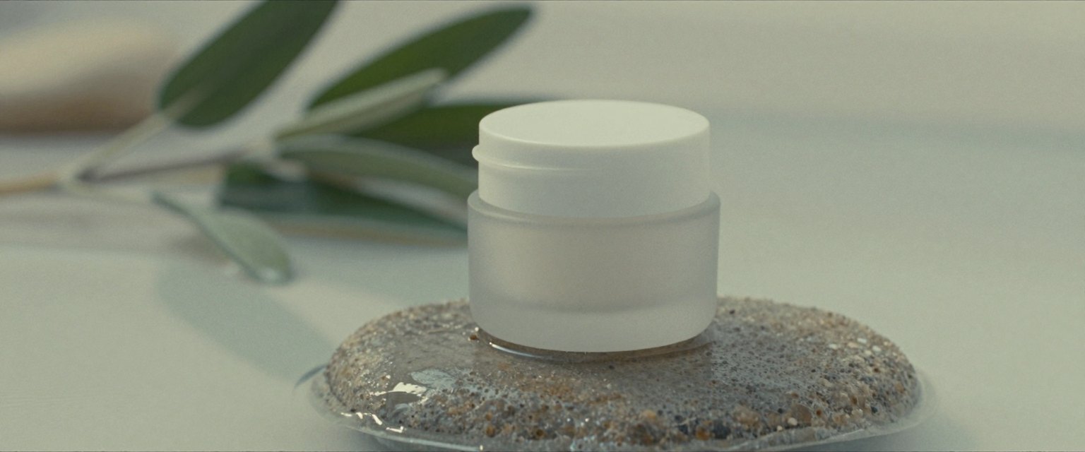 Still Water: a frosted glass skincare jar standing on a smooth grey stone in shallow still water, soft diffused daylight, sage leaves out of focus in the background, no label