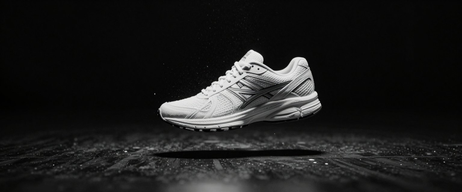 Weightless: a white running sneaker floating in mid-air above a black mirror floor, fine dust particles hanging in a single hard beam of top light, seamless black studio, no logo