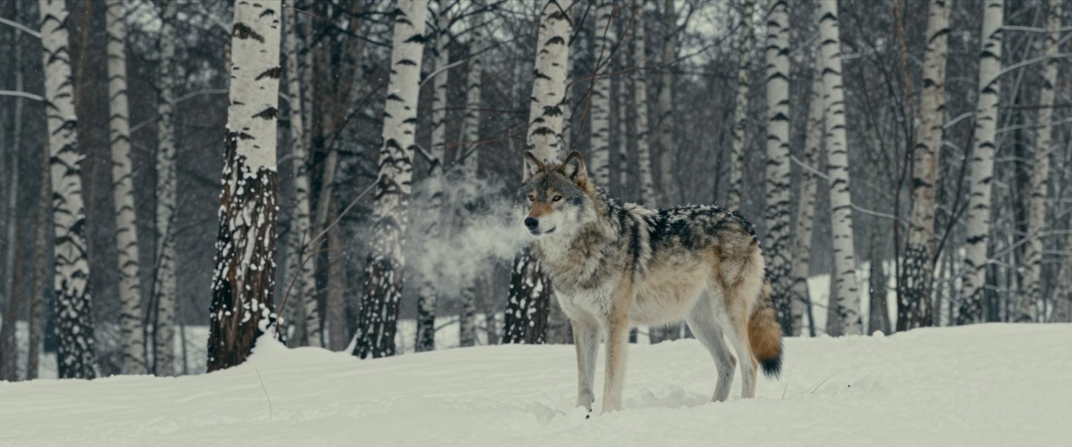 White Silence: a lone grey wolf standing in deep snow at the edge of a birch forest, breath steaming, snow falling gently