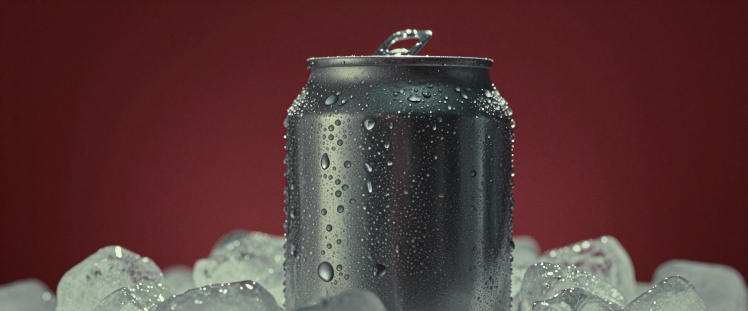 Ice Cold: a plain aluminium soda can covered in condensation droplets rising through crushed ice against a deep red backdrop, droplets frozen in the air, no label