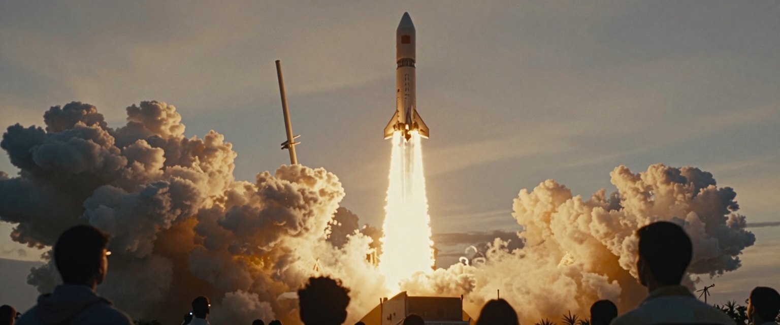 Launch: a rocket lifting off at dawn, massive clouds of exhaust billowing, spectators silhouetted in the foreground