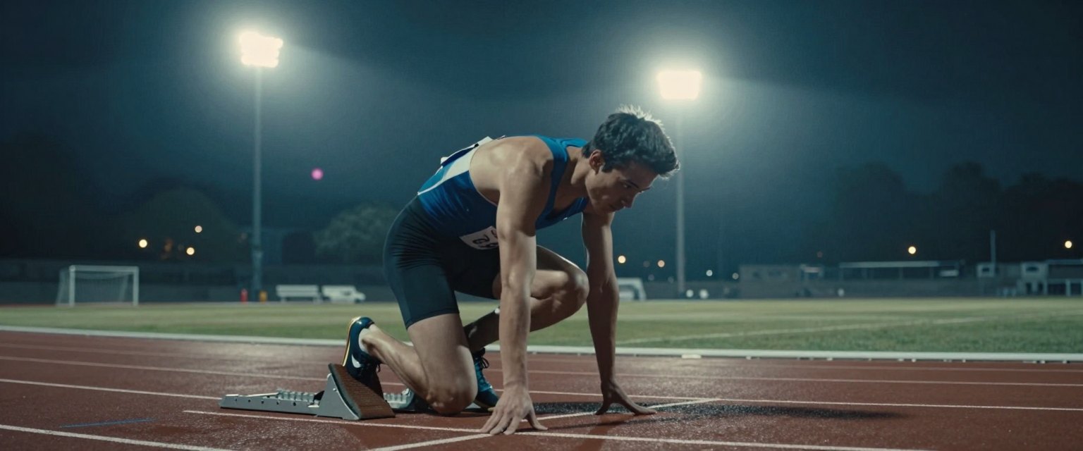 Set: a sprinter crouched in the starting blocks on an empty stadium track at night, stadium floodlights behind creating lens flare