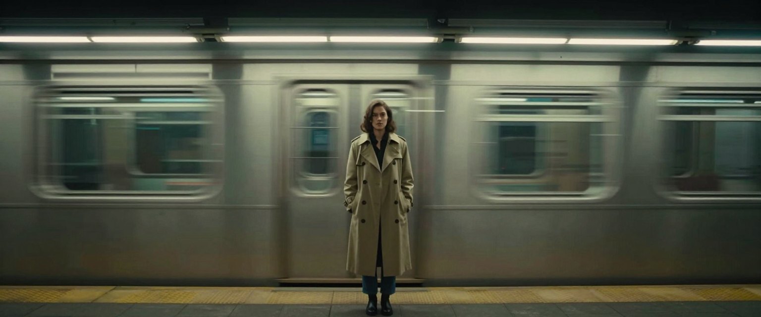 Last Train: a woman in a trench coat standing on an empty subway platform, train blur streaking past in the foreground