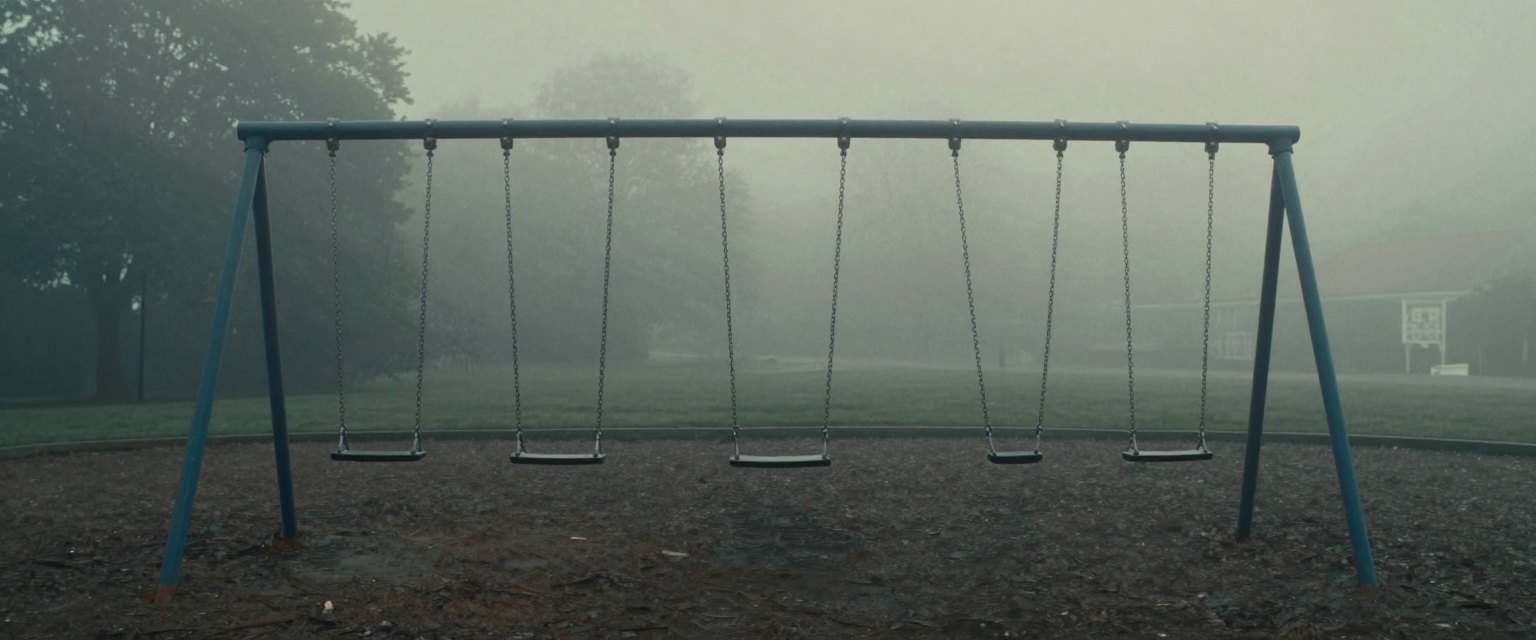One Swing: an empty playground at dawn in thick fog, a row of swings hanging still except one that moves gently