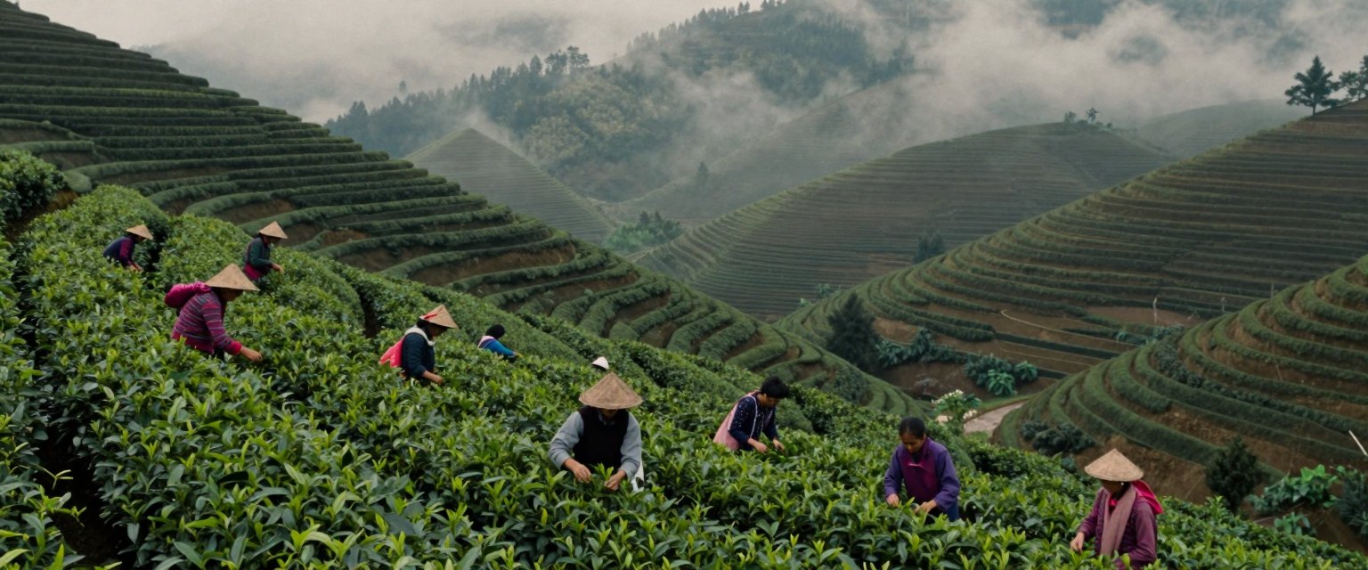 Green Hills: women picking tea on steep green terraced hills, mist rolling through the valley