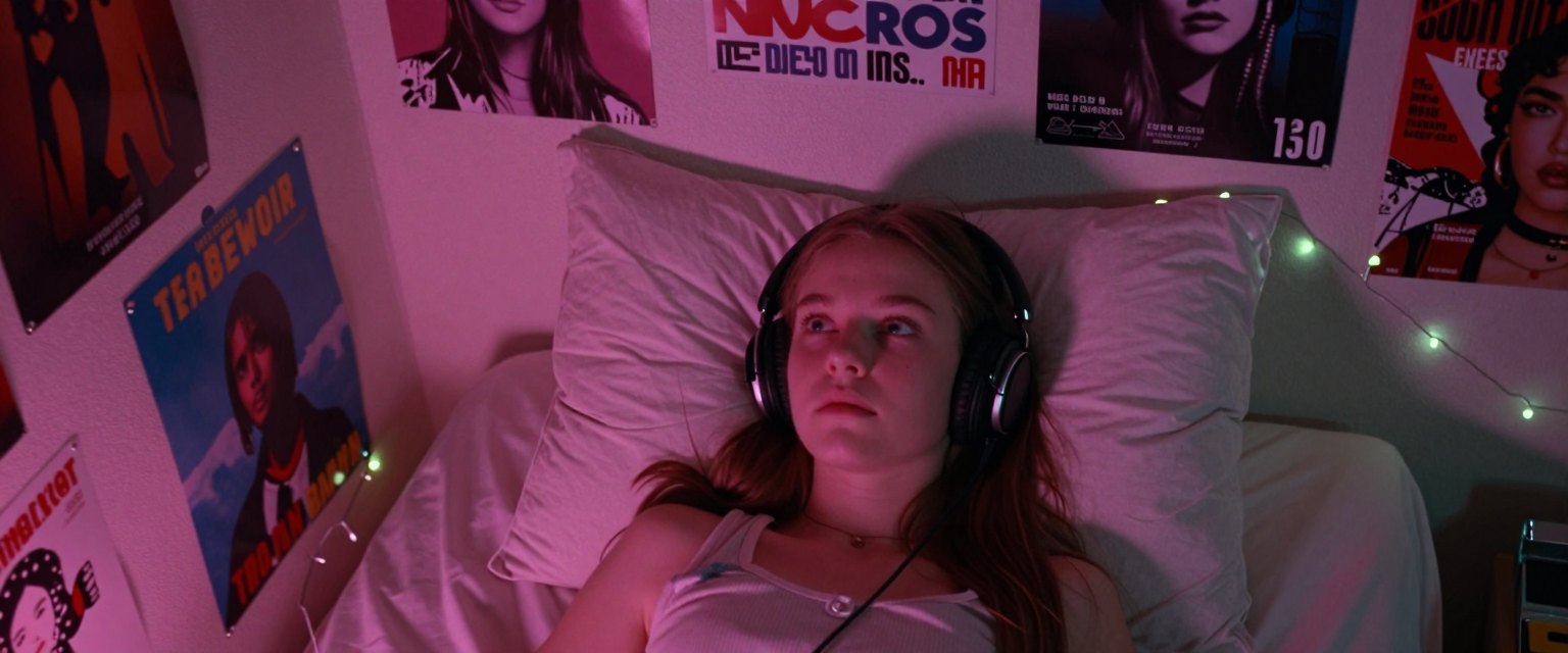 Posters: a teenage girl lying on her bed surrounded by posters and fairy lights, headphones on, staring at the ceiling