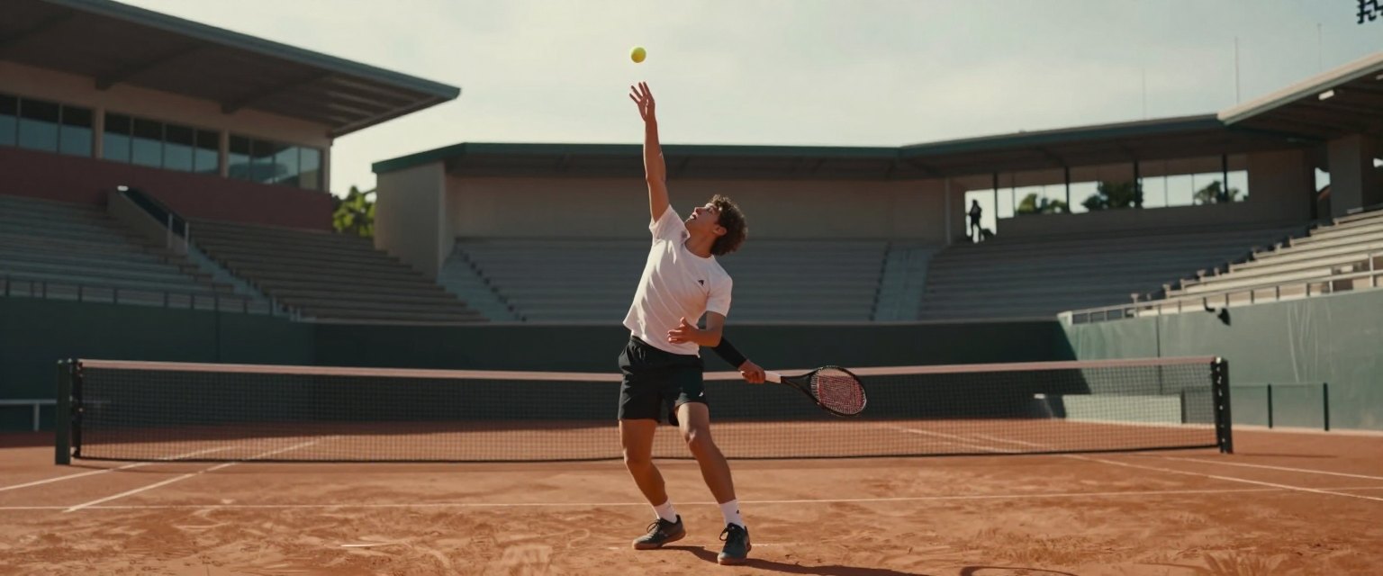 Match Point: a tennis player tossing the ball high for a serve on a clay court, stadium in soft focus behind, afternoon sun