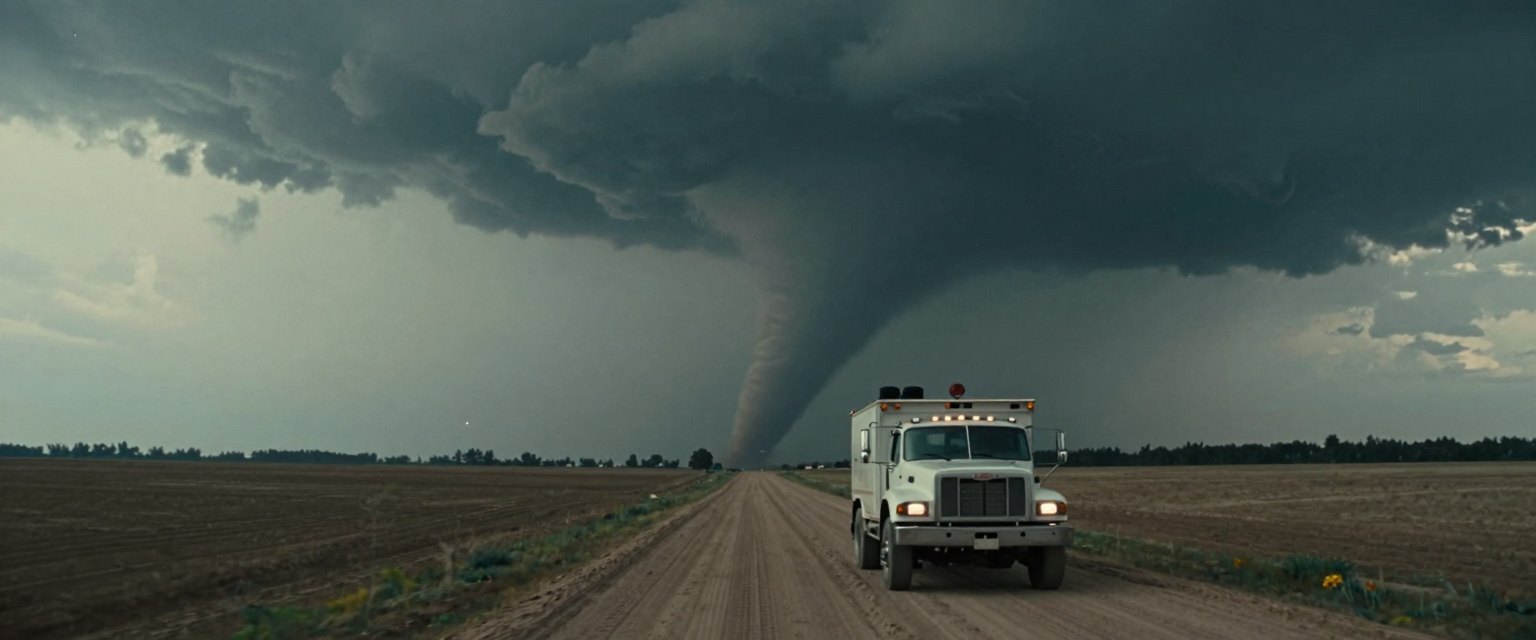 Chaser: a storm chaser's truck on a dirt road facing a massive tornado touching down in the distance