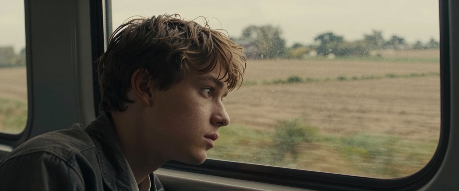 Passing Fields: a young man leaning his head against a train window, countryside fields streaking by, soft reflection of his face in the glass