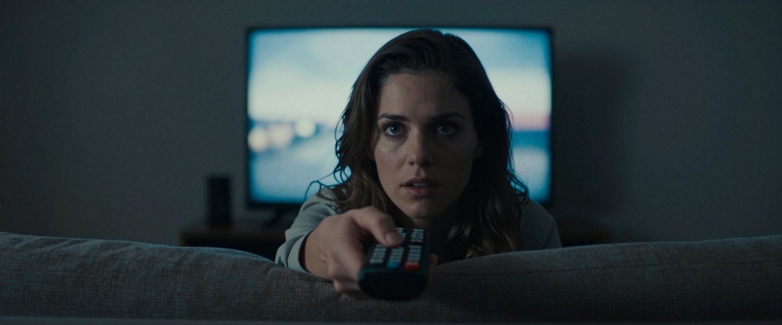 Behind You: a woman on a couch in a dark living room lit only by a television, her eyes fixed on a point behind the camera, the remote frozen in her hand