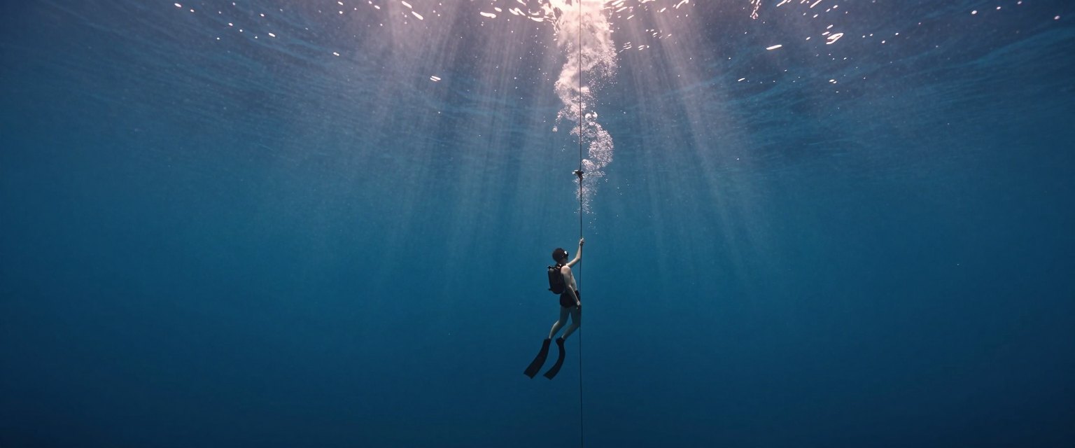 Deep: a free diver descending along a rope into deep blue water, sun rays fading above, tiny figure in the abyss