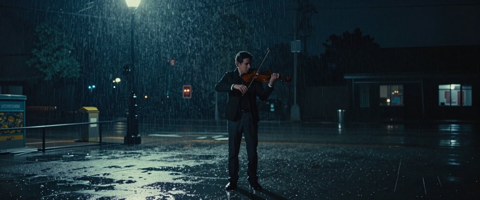 Rain Concert: a violinist playing in the rain on an empty city square at night, lit by a single street lamp