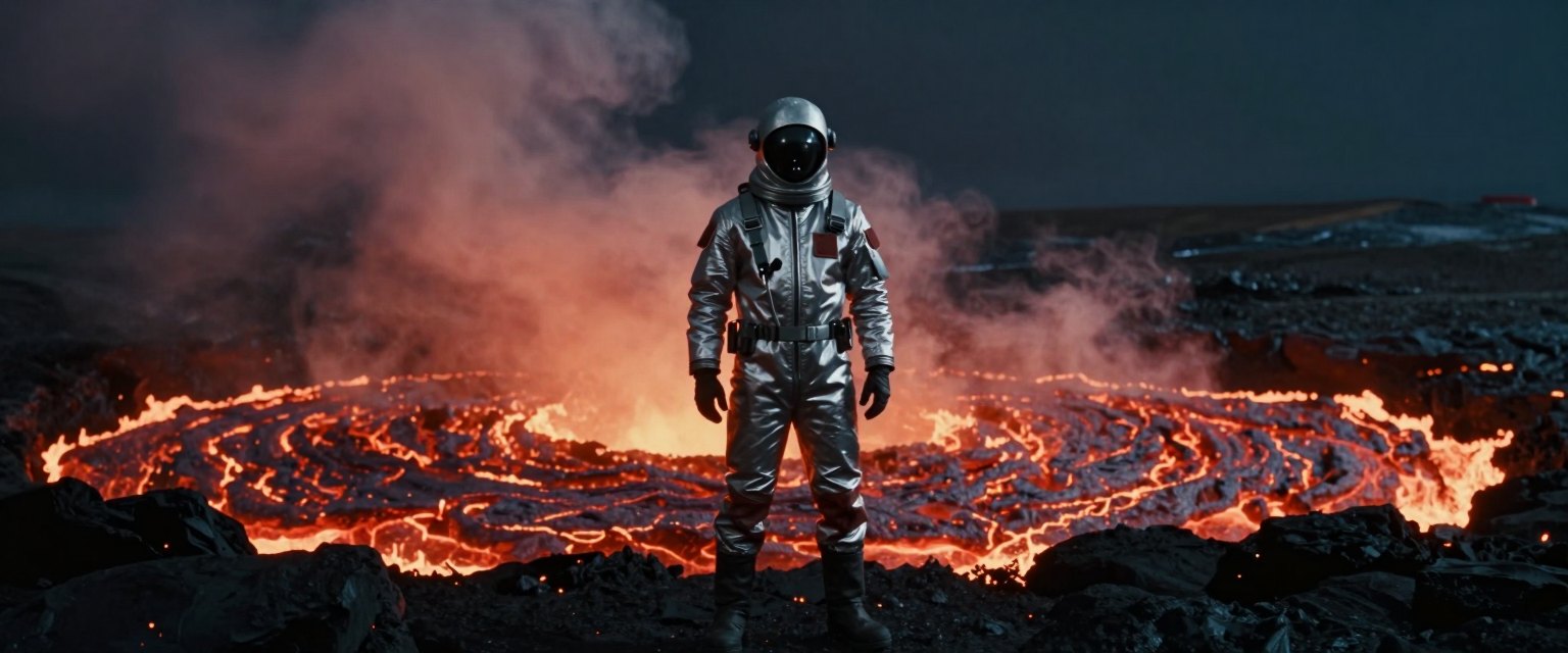 Caldera: a scientist in a silver heat suit standing at the edge of a glowing lava lake, sulfur smoke billowing