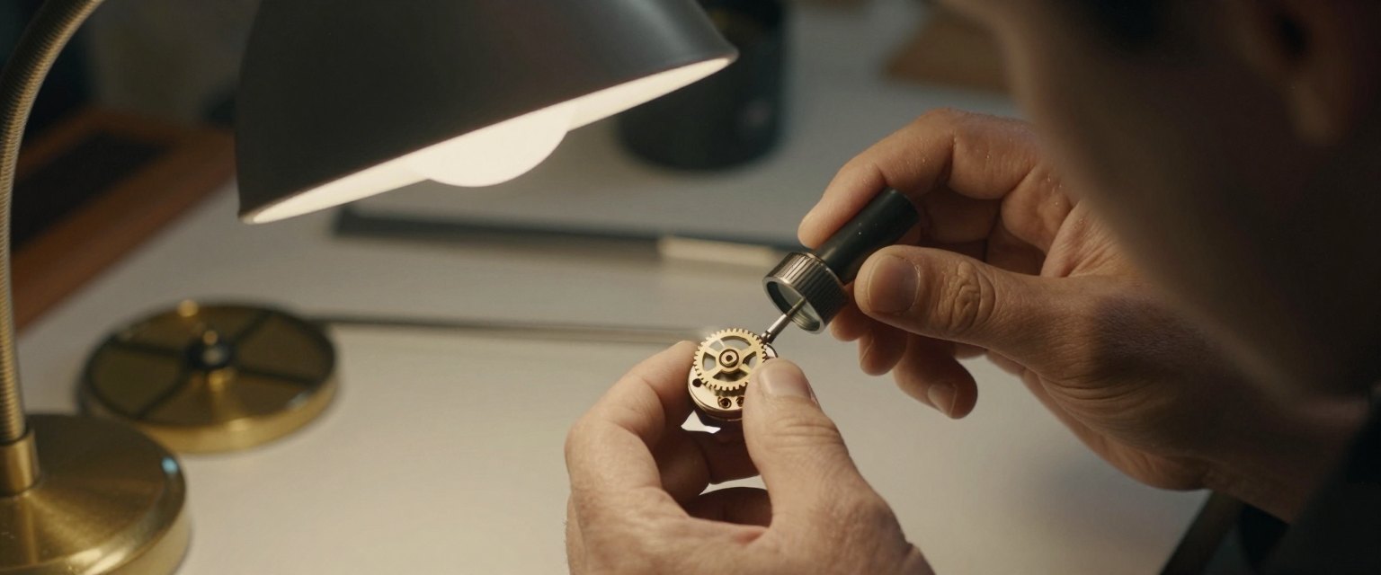 Mechanism: a watchmaker with a loupe repairing a tiny gear mechanism under a desk lamp, tools laid out