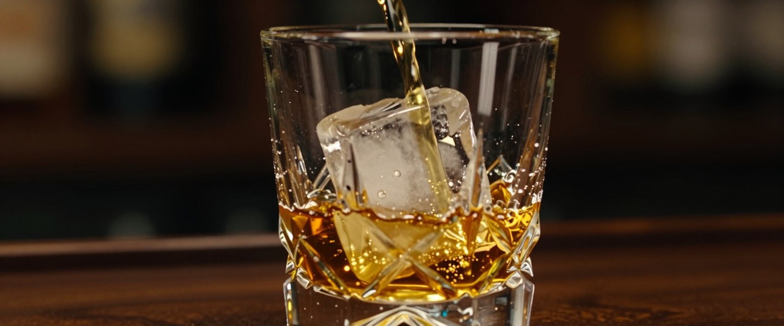 Neat: amber whisky pouring over a large clear ice cube in a heavy crystal glass on a dark wooden bar, warm backlight glowing through the liquid