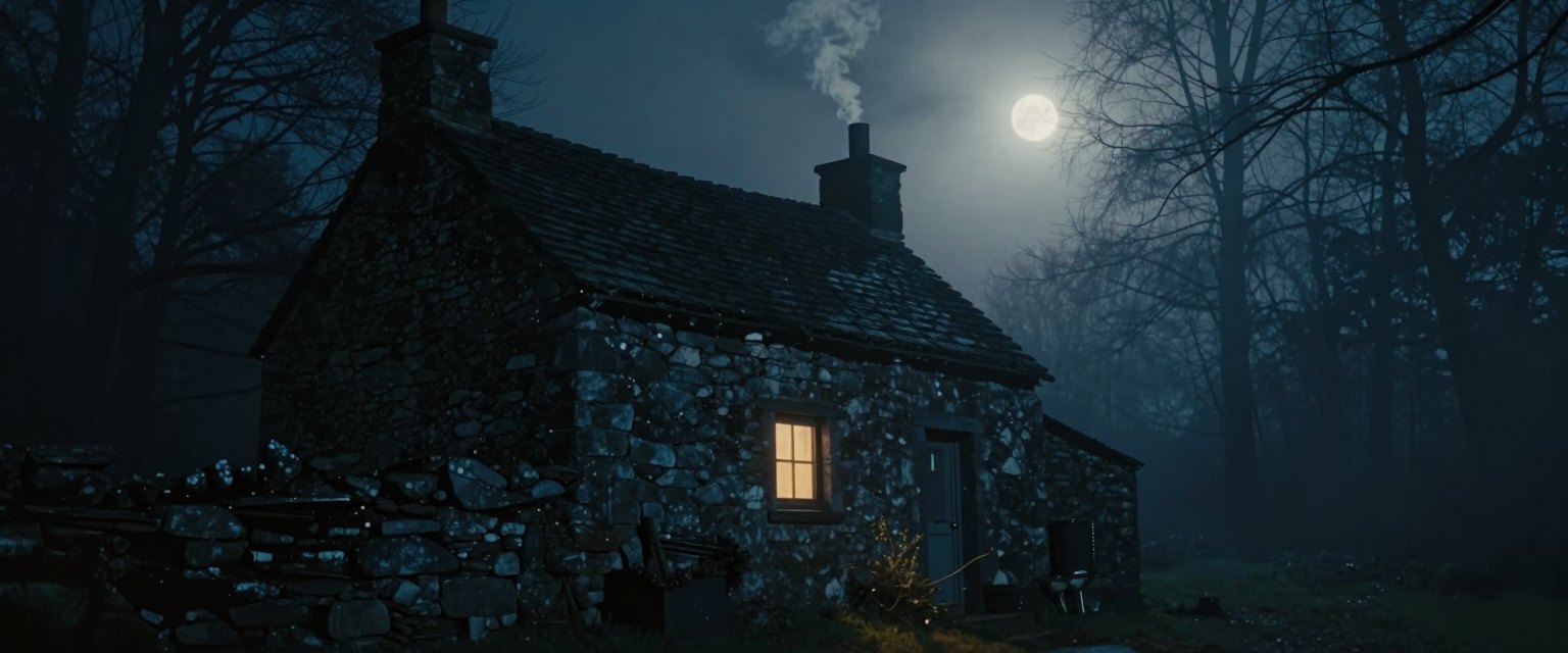 The Cottage: a crooked stone cottage in a dark foggy forest, a single warm window glowing, smoke curling from the chimney
