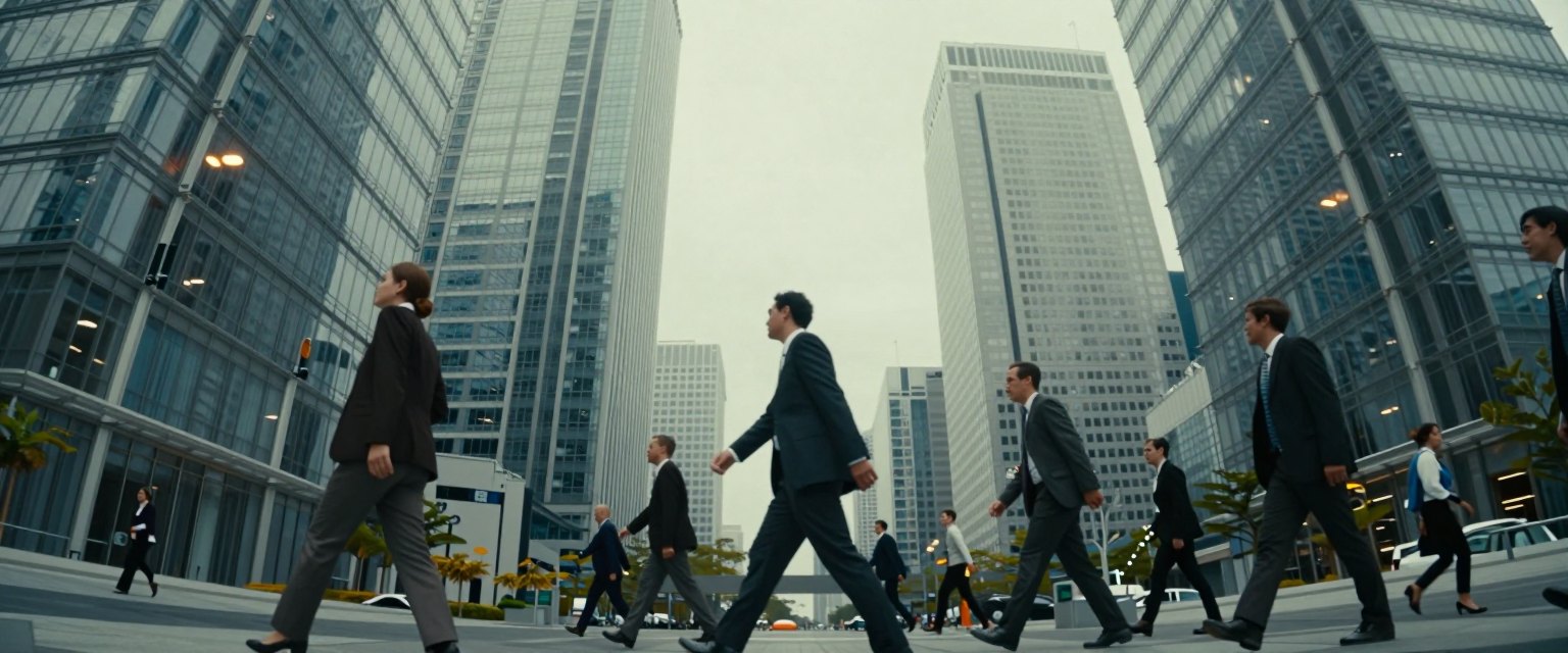 Towers: office workers crossing a glass skyscraper plaza seen from the ground looking straight up, towers converging into a pale sky