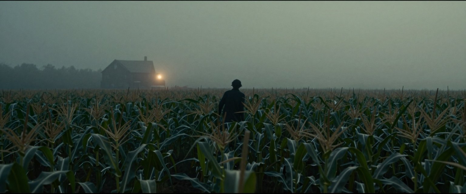 The Field: a lone figure staggering across a foggy cornfield at dusk, a farmhouse light far away